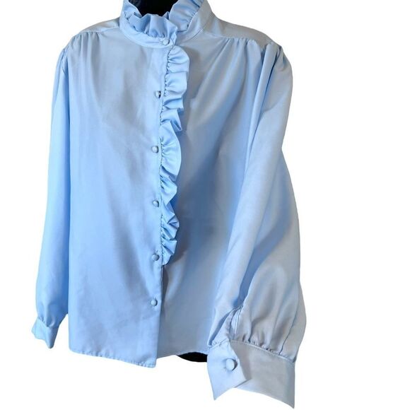 Vintage 70s Clovis Ruffin Baby Blue Ruffle Trim Blouse - Picture 9 of 9